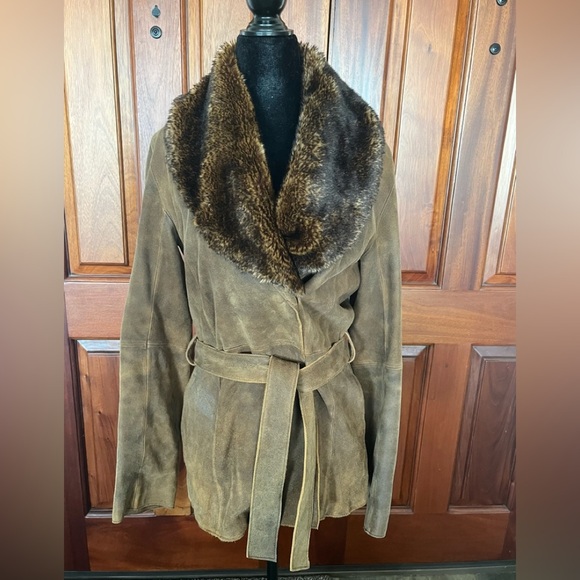 Wilsons Pelle Studio Suede Leather Removeable Faux Fur Belted Jacket Coat Smal - Picture 1 of 14